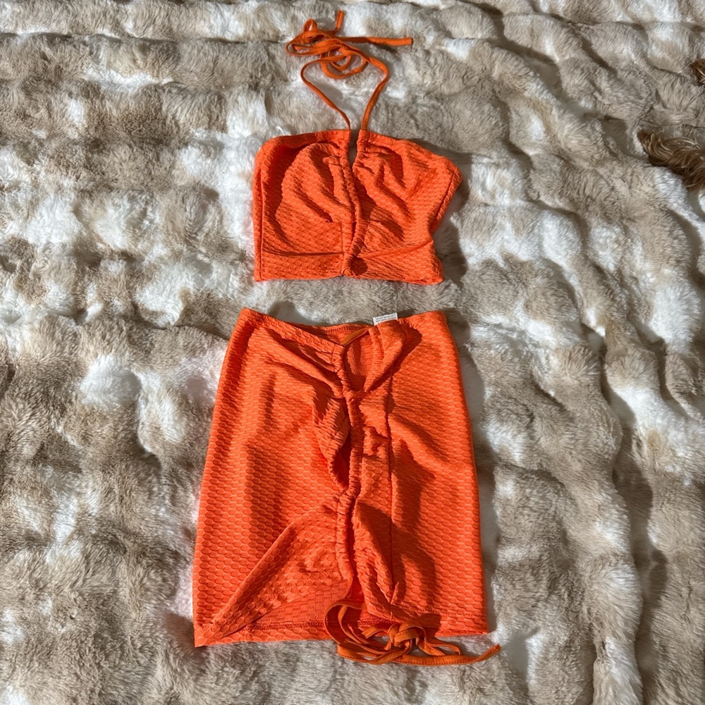 Orange Ruched Women's Skirt Set